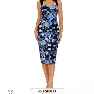 Dress the Population Nicole Black Midi Dress with Blue Floral Design